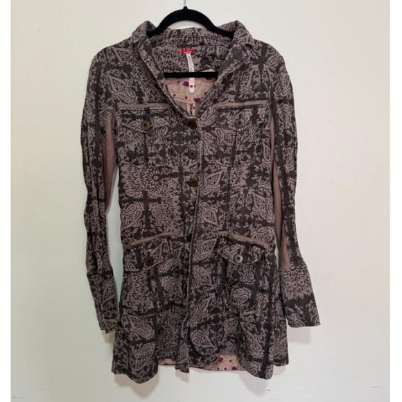 Free People Ramie Brown and Tan Floral Paisley Boho Trench Jacket Size 6 - Picture 2 of 9